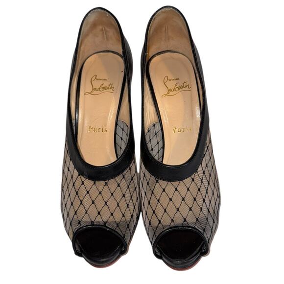Christian Louboutin Resillana Black Leather & Mesh Peep Toe Heels Size 38.5 - Picture 6 of 13